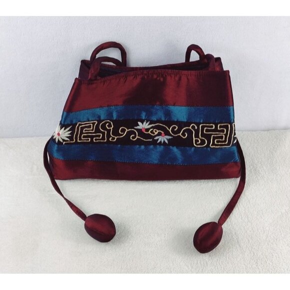 Asian Inspired Handbag Satin Look Burgundy Gold Tone Thread Embordered Flowers - Picture 2 of 9